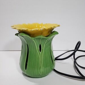 PartyLite Sunflower Electric Wax Warmer Ceramic Yellow Flower Green Leaf Base